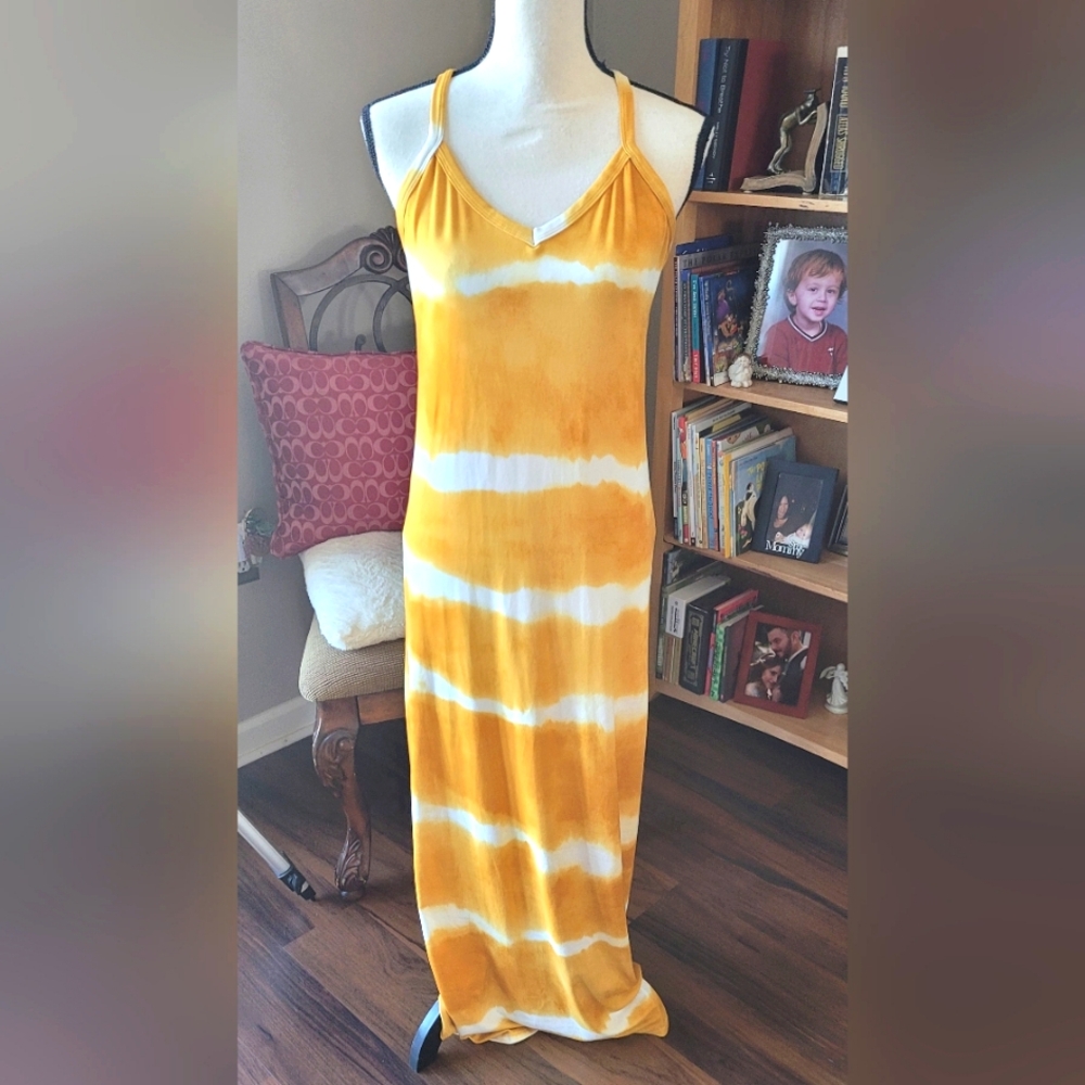 EUC- Beautiful Yellow Tie-Dye Razerback Maxi Dress, Sz Large